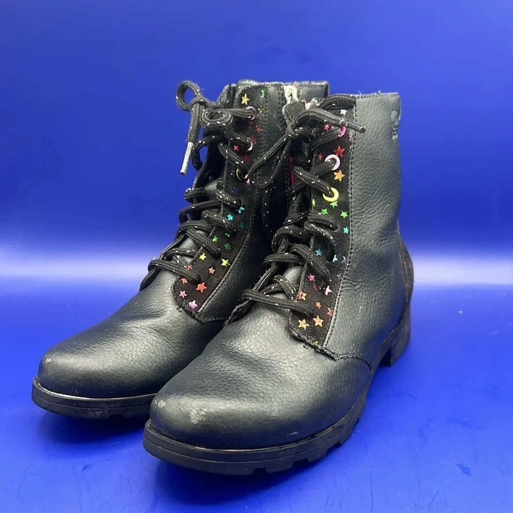 Sorel Emelie Youth Girls Leather Combat Boot SZ 4 Black Waterproof Arch Support